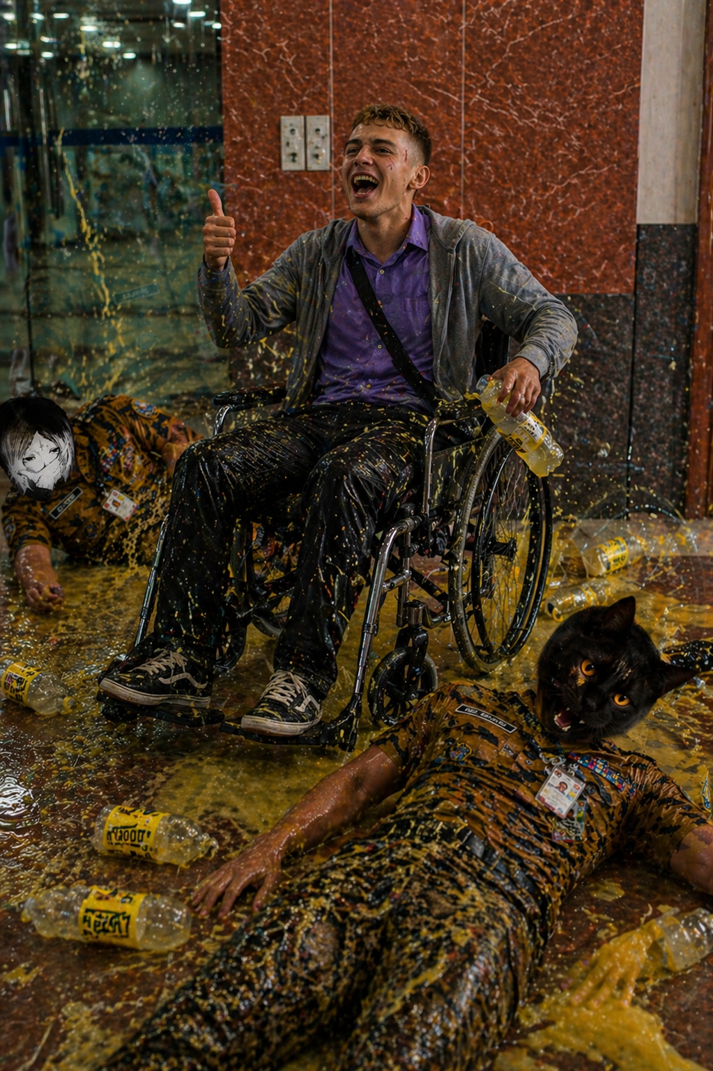 Коляска торжествует, оба слуги лежат на полу