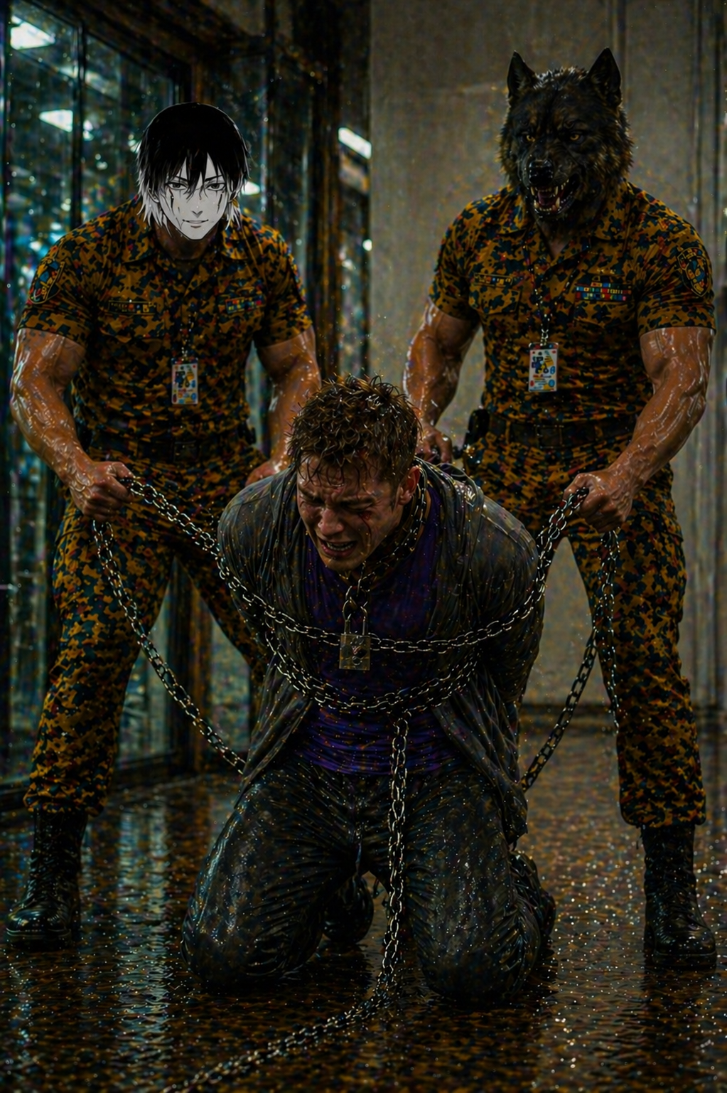 Коляска на коленях, скованный цепями, слуги смотрят сверху