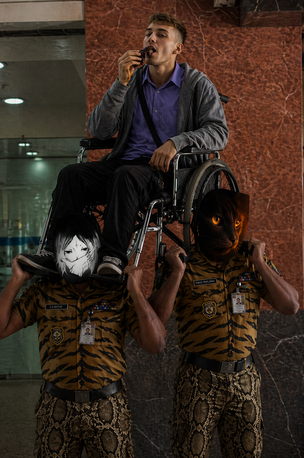 Коляска в коляске поднят на плечах двух слуг — белая маска слева, кошачья справа