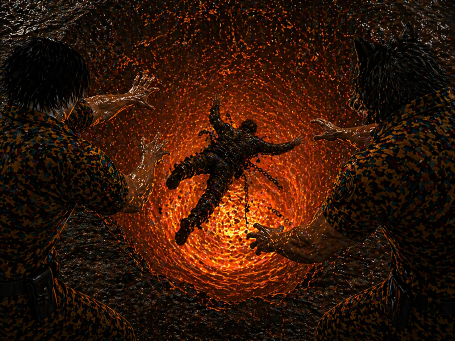 Коляска падает в огненную бездну, две фигуры тянутся вниз