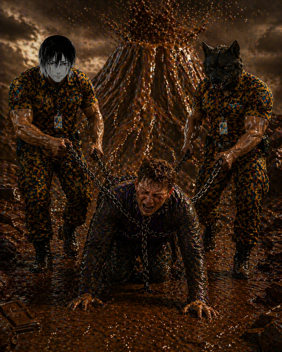 Шоколадный фонтан, двое тянут Коляску на коленях