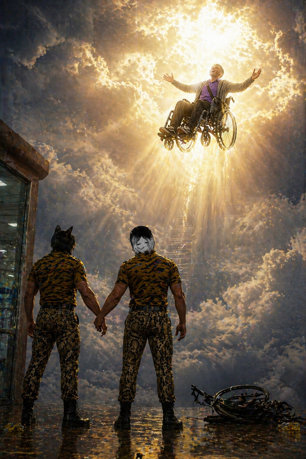 Коляска возносится в облака, два слуги внизу смотрят вверх