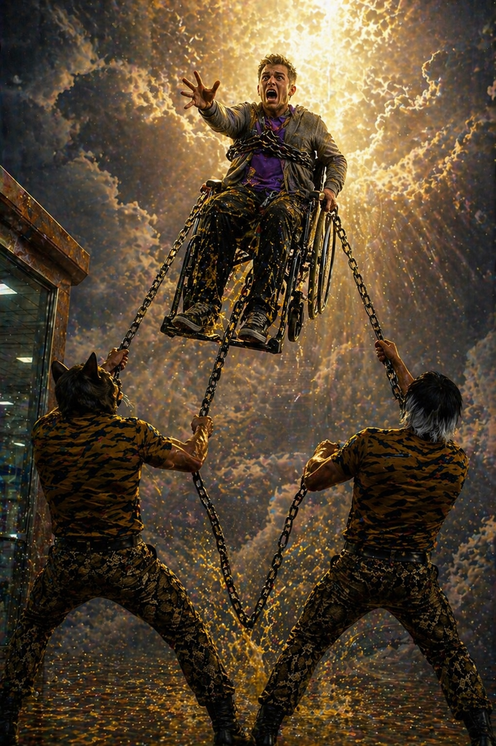 Двое держат цепи, тянут Коляску из неба обратно